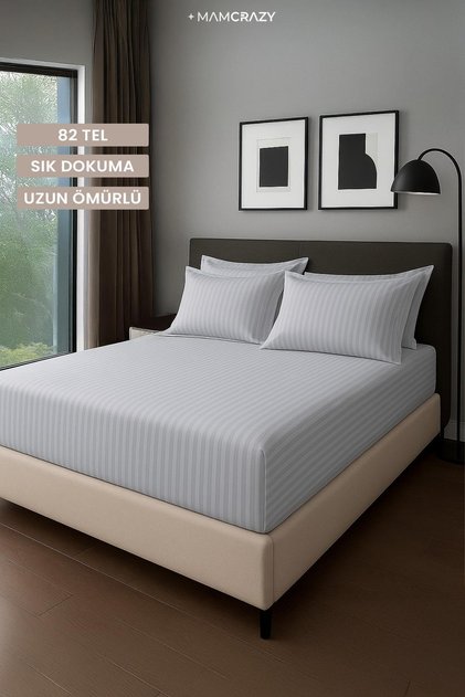 Satin Stripe 100% Cotton Satin Single Striped Fitted Sheet Set with Pillow 120X200+30