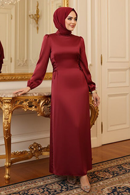 Neva Style Burgundy Hijab Satin Evening Dress with Lace Detail 5948BR-  Trendyol