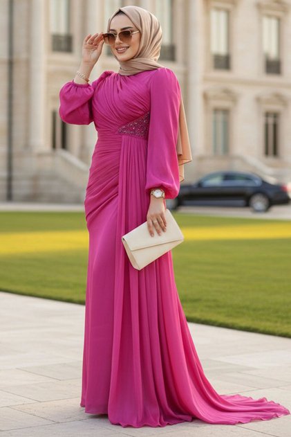 Draped Detail Fuchsia Modest Evening Dress 52585F