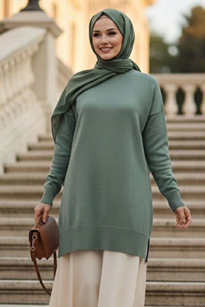 トップス Turtleneck Sage Cat & Mouse 3y N.S NEVA STYLE Mint Tesettür Triko Kazak Tunik 17203MINT - Fiyatı