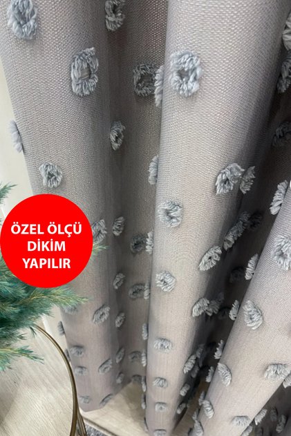 Fon Perde Gri Pufy Püsküllü, Ponponlu, Perde Sık Pileli Keten Pano Fon Tek Kanat