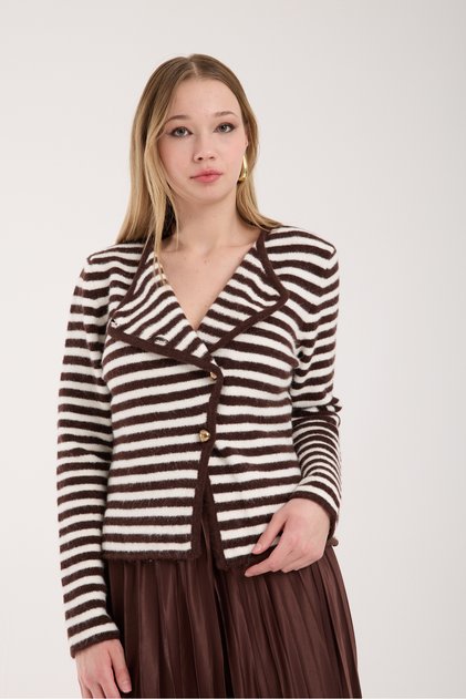 Asymmetrical Cut Brown Striped Women's Cardigan