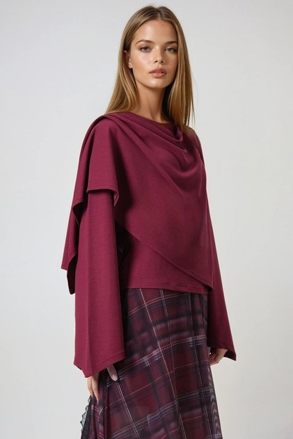 Damenbluse mit weinrotem Rundhalsausschnitt und selbstschalendem, detailliertem, weit geschnittenem Design ALC-X14420