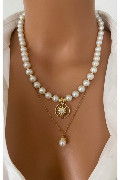 Two Necklaces Glass Pearl Off-White Steel Chain Double Special Design Women's Necklace Long Lasting Design