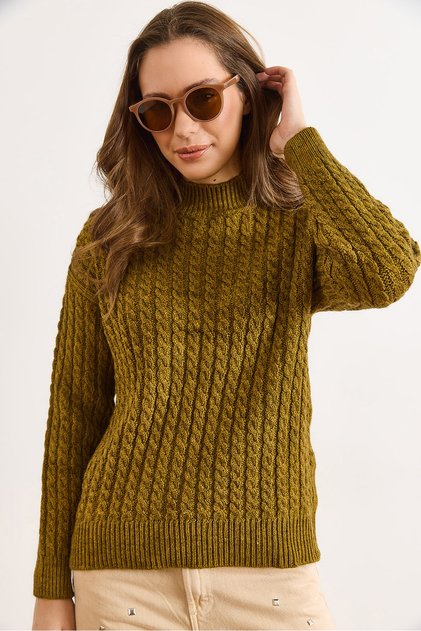 Women's Oil Green Mock Neck Hair Braided Oversized Knitwear Sweater Kzk-19001082