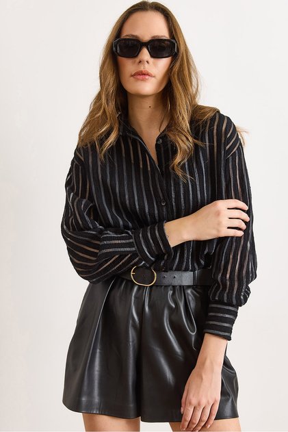 Women's Black Transparent Striped Undershirt Gml-19001402