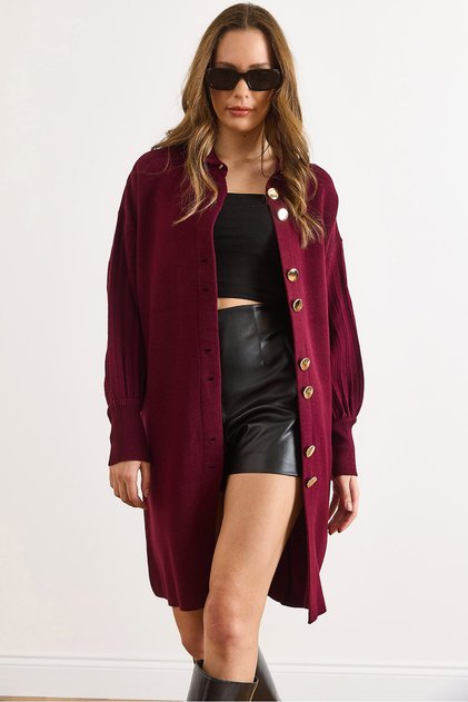 Women's Burgundy Button Detailed Coat Cardigan Hrk-19000445