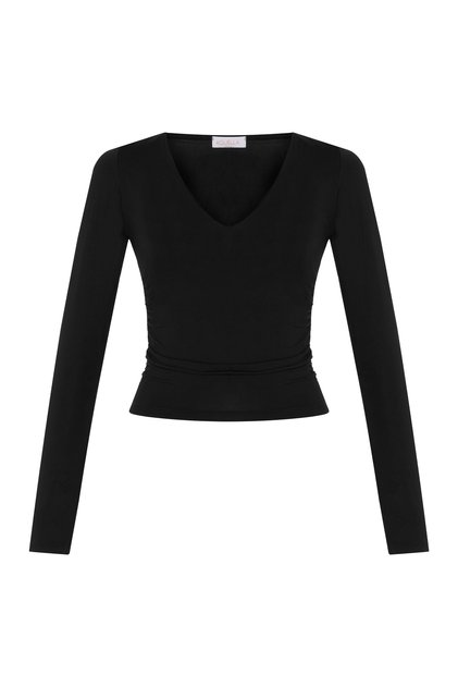 V-Neck Gathered Black Blouse