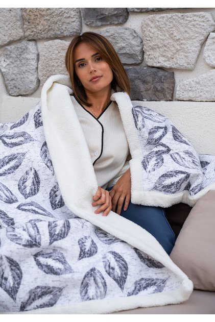 Flannel Sherpa Leaf Blanket Double Size Anthracite 200X230Cm