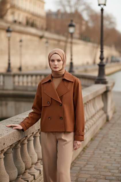 Taba 100% Cotton Gabardine Lined Oversized Wide Fit Women's Crop Short Trench Coat 1122-Tes