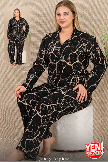 Warm Non-Sweaty Belmando Viscose Fabric Buttoned Top Plus Size Pajama Set