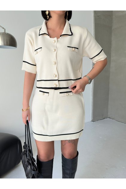 Short Sleeve Polo Collar Pocket Detailed Knitwear Bottom Top Set