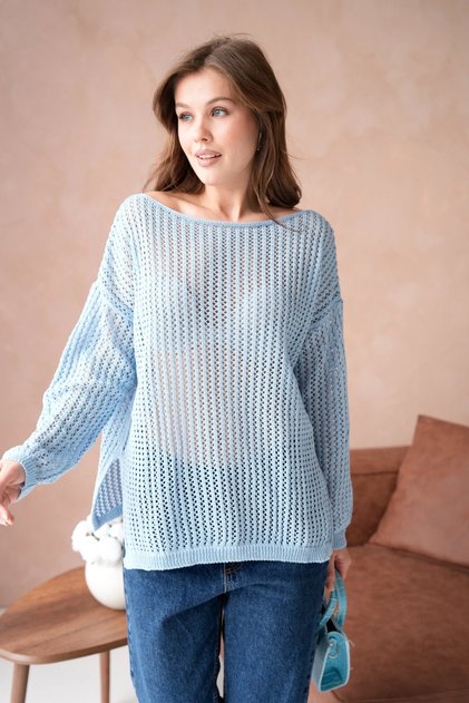 Women's Boat Neck Knit Detail Slit Knitwear Sweater