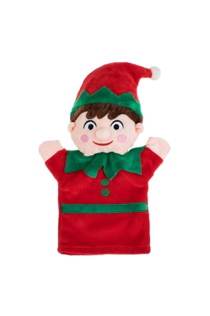 Figurină elf de pluș roșu și verde pentru teatru de păpuși 30 cm