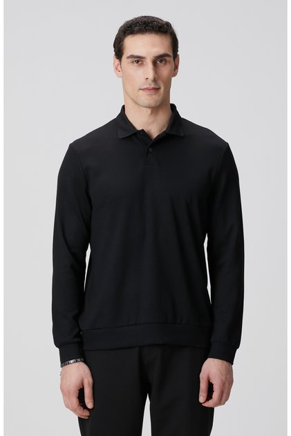 Siyah Polo Yaka Çıtçıtlı Sweatshirt