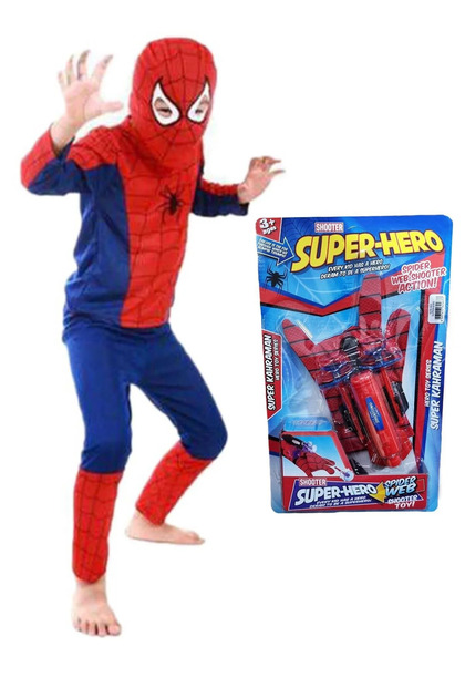 Parçalı Spiderman Örümcek Adam Kostümü + Spiderman Ağ Atan Eldiven - Örümcek Adam Kostüm