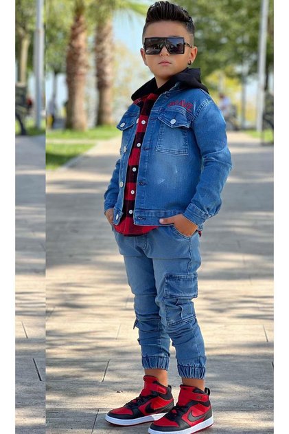 Boys' Plaid Hooded Red Lumberjack Shirt with Tiger Pattern on the Back Jacket Jeans Bottom Top Set