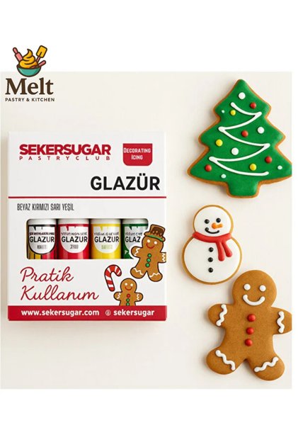 Şeker&Sugar Glazür Set 4'lü Beyaz-Kırmızı-Sarı-Yeşil Icing Net:160gr. (4tüp x 40 g)