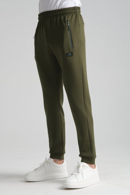 Pantaloni de trening jogger pentru bărbați, kaki, cu detalii de buzunar