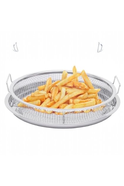 Stainless steel air fryer basket and tray for oven, 8.5cm x 28.5cm round, silver
