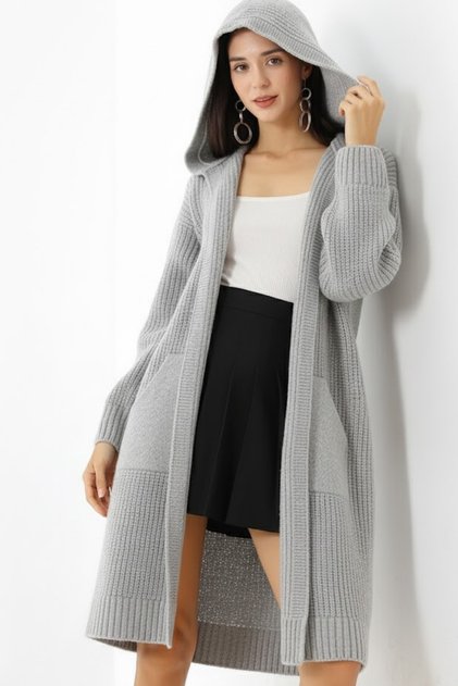 Women's Gray Oversized Pocket Hooded Knitwear Cardigan