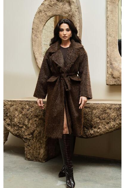 Brown Belted Midi Length Faux Fur Oversized Coat