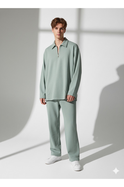 Unisex Wrinkled Fabric Polo Collar Zippered Pocket Elastic Waist Top and Bottom Set