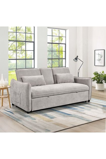 Thiero Fabric Pull-Out Sofa Bed with Drop Down Table & Cup Holders - Taupe, 2-Seater, Solid Wood
