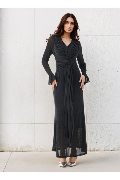 Lurex Accent Maxi Nylon Blend Dress with Bell Sleeves