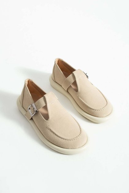 Pantofi loafer de damă Margos, cu cataramă și detalii tip șa, din piele întoarsă, bej, comozi și eleganți pentru purtare zilnică