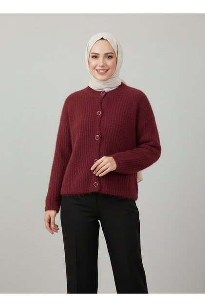 Dasia Oyuk Buttoned Bearded Short Cardigan-Zi̇7007 Burgundy
