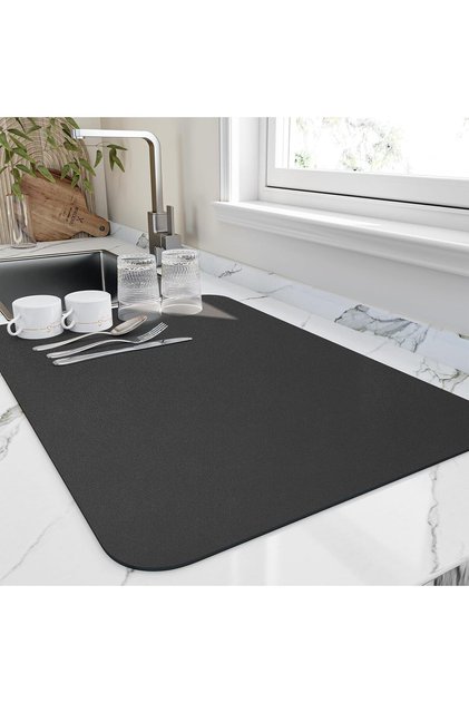 Covor absorbant pentru uscarea vaselor, covor antiderapant din microfibră, 60x40cm, protecție pentru blatul de bucătărie, negru
