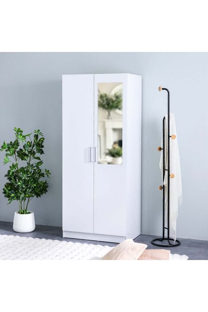 Supreme 2-Door Wardrobe with Mirror - White, Engineered Wood, 3 Shelves, 2-Year Warranty