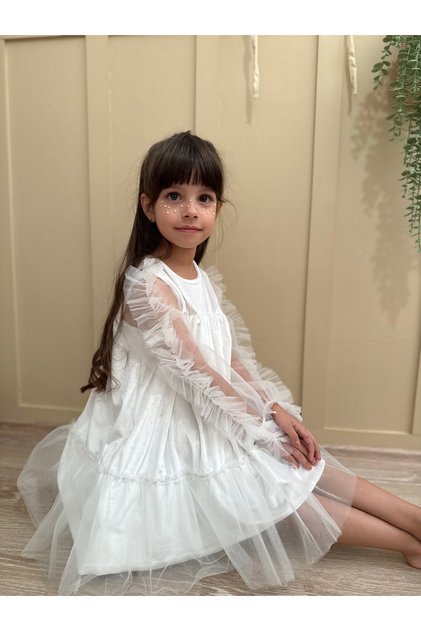 White Skirt with Ruffles at the Hem Long Ruffle Tulle Sleeve Velvet Fabric Girls Kids Baby Girl Dress