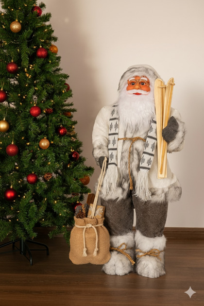 120 cm Christmas Santa Claus Figure - Luxury Decorative Oversized Ornament with White Costume and Skiing (Indoor and Outdoor Use)