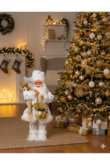 60 cm White Santa Claus with Gift Package – Standing Modern and Special Design Christmas Decoration Figure