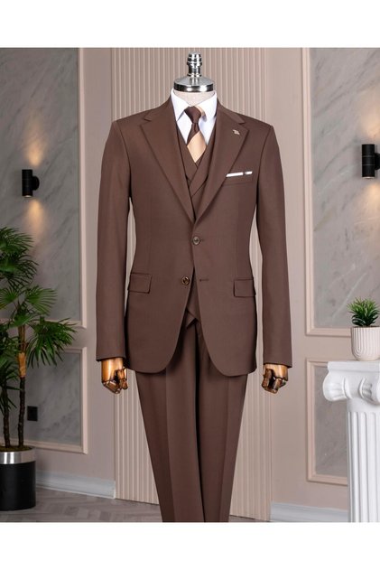 Italian Style 8 Drop Jacket Vest Pants Suit Brown T14593