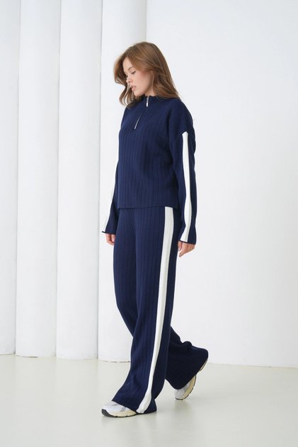 Women's Mock Neck Half Zipper Knit Detail Sweater Pants Double Knitwear Set