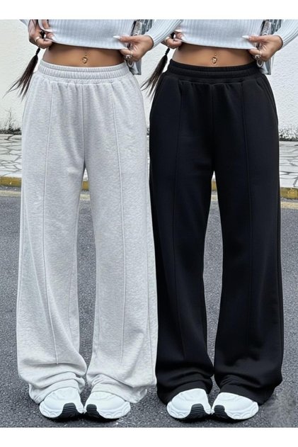 2 Pieces Wide-Leg Black Gray Women's Sweatpants