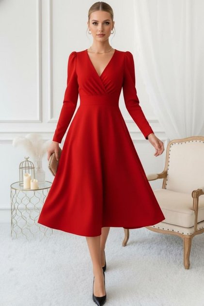 Rochie midi elegantă, roșie, cu decolteu în V, casual și de ocazie