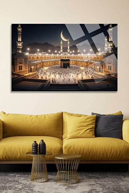 Harika Yapay Zeka Kâbe ve Mescid-i Haram Gece Görünümü Cam Tablo – İslami Tablo Dini Tablo