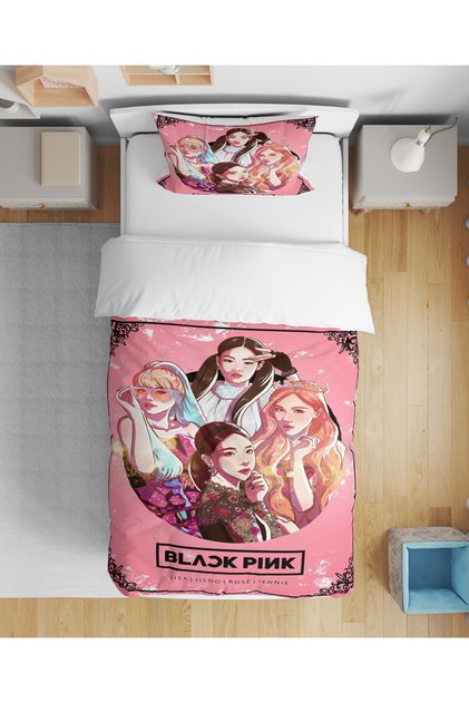 Black Pink K-Pop Themed 3D Digital Printed Single Person Sheetless Young Girl Duvet Cover Set Sleeping Set
