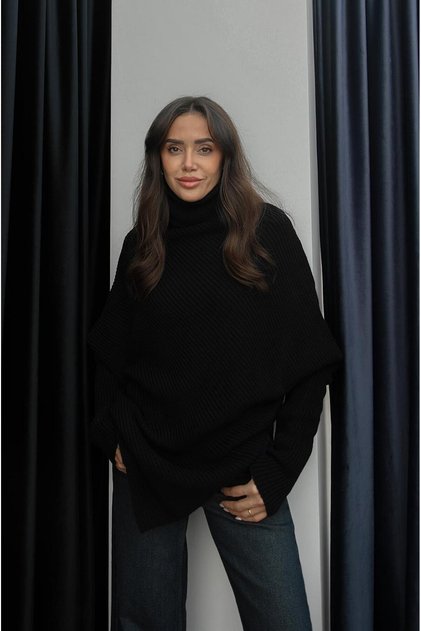 Black Asymmetrical Cut Fisherman Sweater