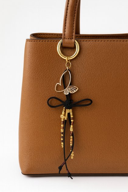 Handmade Lucky Knot Suede Drawstring Gold Detailed Bag Charm Keychain Black and Beige Color Option