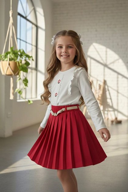 My Little Girl's Daisy Embroidered Belt Detailed Pleated Skirt Girl's Suit - Red