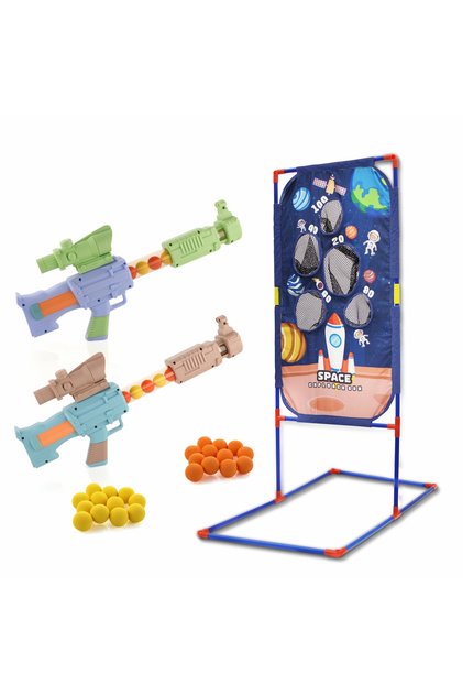 Space Explorer Pack of 2 Pneumatic Guns with Scoring Net & 48 Foam Balls – Kids Toy 5+