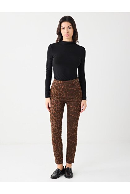Jimmy Key Koyu Kahve Dar Paça Normal Bel Leopar Desenli Pantolon