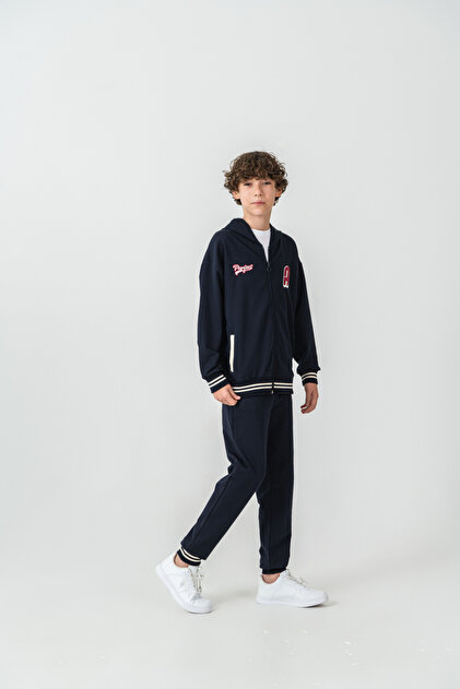 Ust Onler Süzene Embroidered Striped Ribbed Bottom Embroidered Boys' College Tracksuit Set