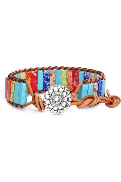 Handmade Colorful Natural Stone Bracelet – Flower Motif Button, Adjustable Leather Weave Design