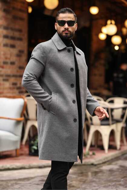 Men's Oversized Gray Cashmere Coat with Hidden Button Detail